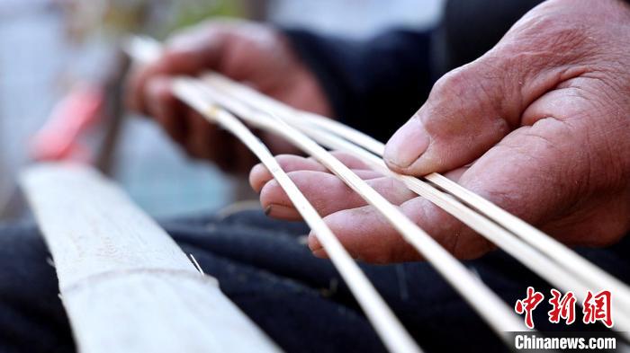 鳥(niǎo)籠藝人侯學(xué)文正在用竹條制作鳥(niǎo)籠。　巨野融媒中心供圖